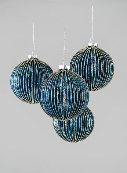 4in Round Blue Pleated Glass Ball With Gold Glitter Decor Jamali Garden