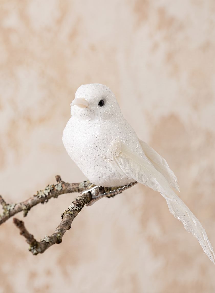 4in Long White Glitter Mini Bird, Case of 12 Decor Jamali Garden