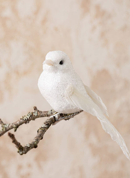4in Long White Glitter Mini Bird, Case of 12 Decor Jamali Garden