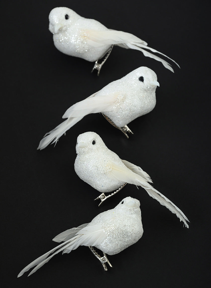 4in Long White Glitter Mini Bird, Case of 12 Decor Jamali Garden
