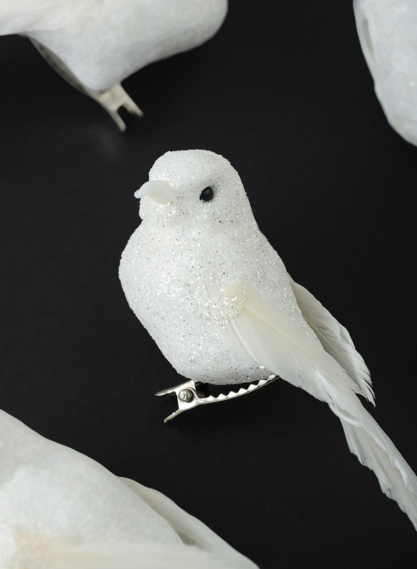 4in Long White Glitter Mini Bird, Case of 12 Decor Jamali Garden