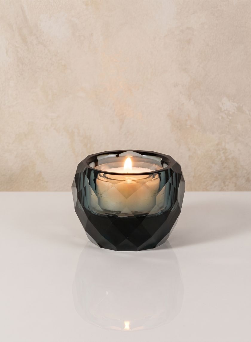 2.25in Wide Grey Faceted Cup Crystal Tealight Holder Decor Jamali Garden