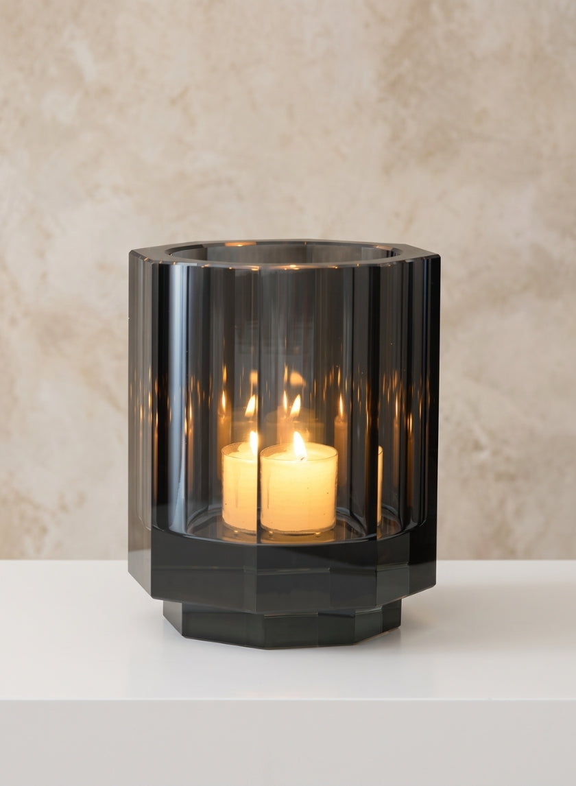 5in Tall Krustallos Luxe Smoke Gray Crystal Glass Candle Holder Decor Jamali Garden