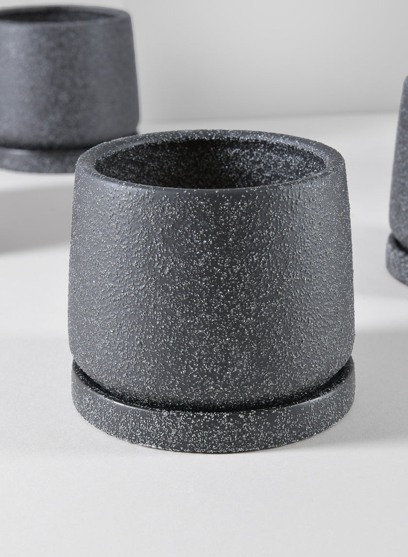 4in Tall Sigtura Sand Black Indoor Ceramic Pot with Saucer, Set of 4 Decor Jamali Garden