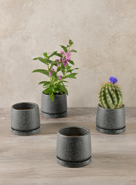 4in Tall Sigtura Sand Black Indoor Ceramic Pot with Saucer, Set of
