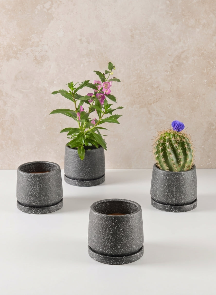 4in Tall Sigtura Sand Black Indoor Ceramic Pot with Saucer, Set of 4 Decor Jamali Garden