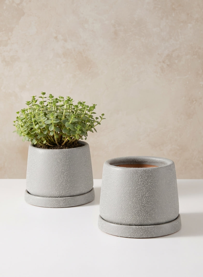 4.5in Tall Sigtura Sand Grey Indoor Ceramic Pot with Saucer, Set of 2 Decor Jamali Garden