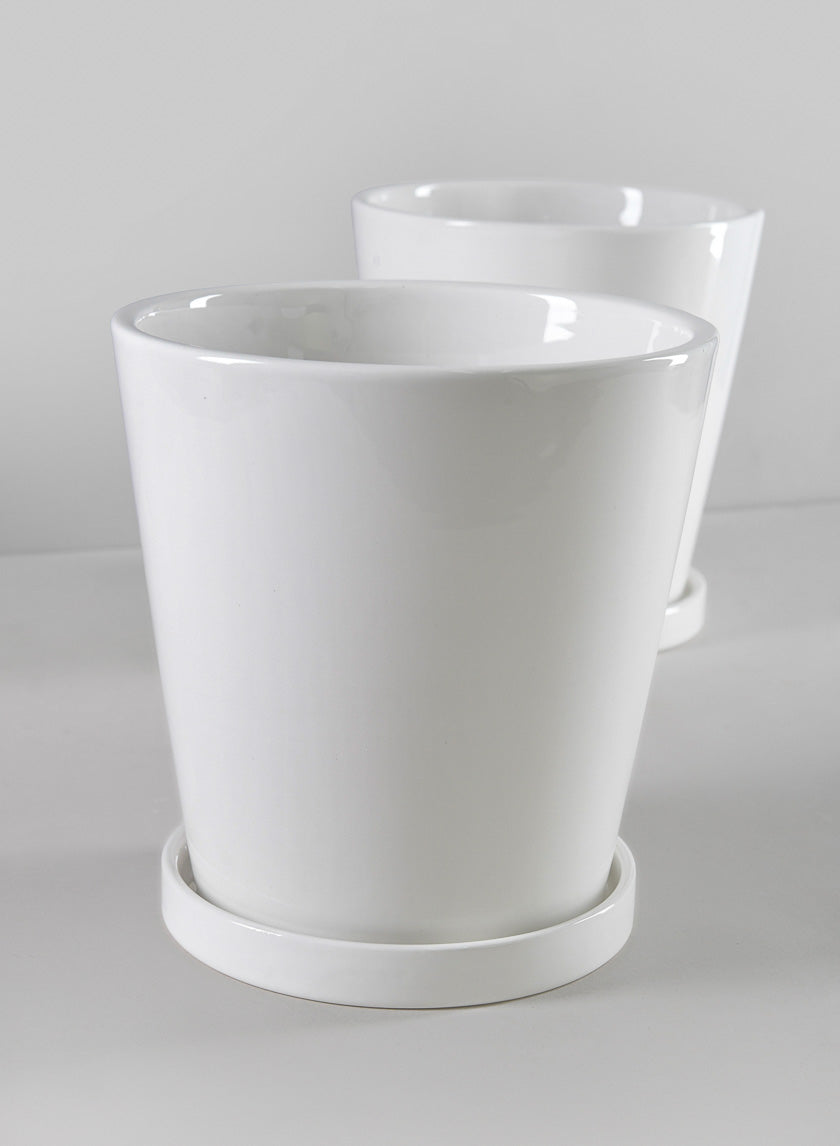 small white plant pots 7in Tall Rouen White Ceramic Pot with Saucer, Set of 2