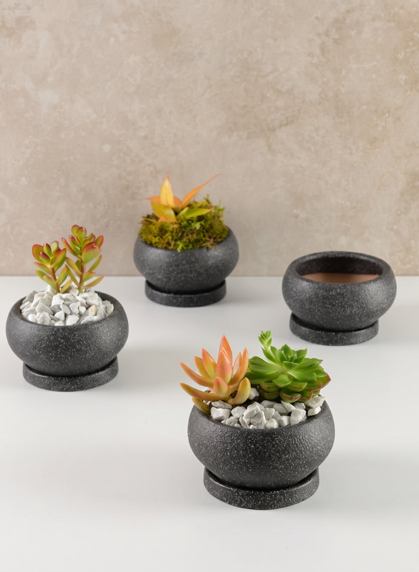 4.5in Wide Vasteras Sand Black Low Ceramic Pot with Saucer, Set of 4 Decor Jamali Garden