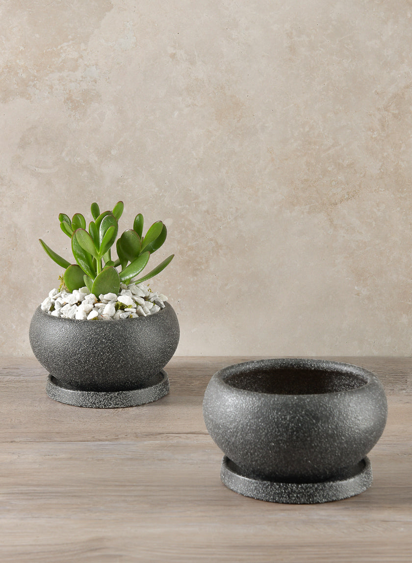 black ceramic planter with saucer 6in Wide Vasteras Sand Black Low Ceramic Pot with Saucer, Set of 2