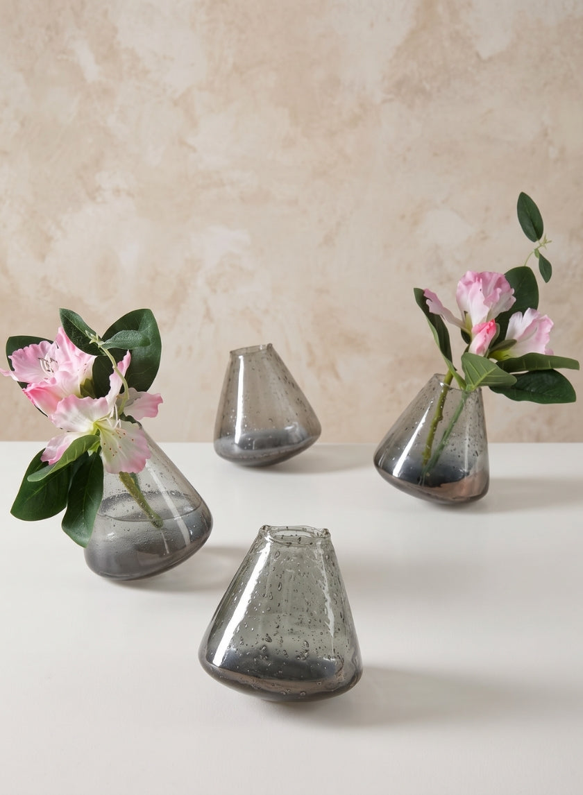 3.75in Tall Tilted Artisan Speckled Luster Smoke Glass Vase, Set of 4