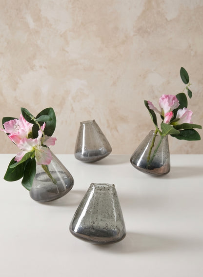 3.75in Tall Tilted Artisan Speckled Luster Smoke Glass Vase, Set of 4 Decor Jamali Garden