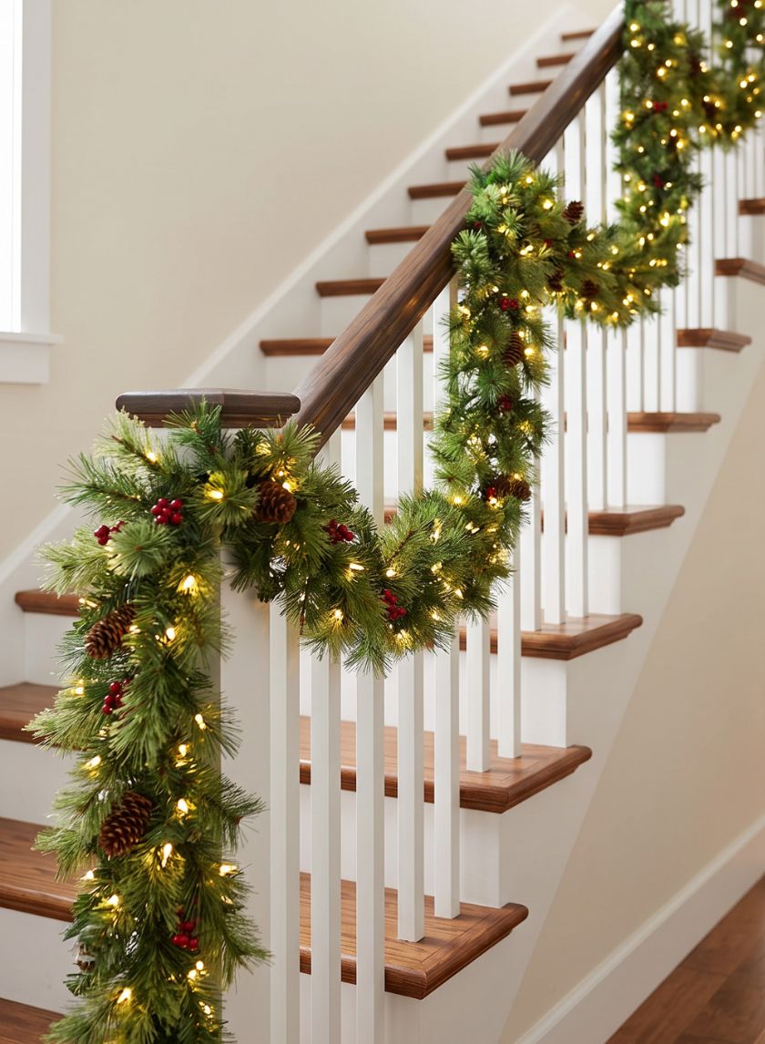 9ft Long Pine Garland With 150 LED Lights, Pine Cones &amp; Berries Decor Jamali Garden