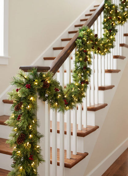 9ft Long Pine Garland With 150 LED Lights, Pine Cones &amp; Berries Decor Jamali Garden