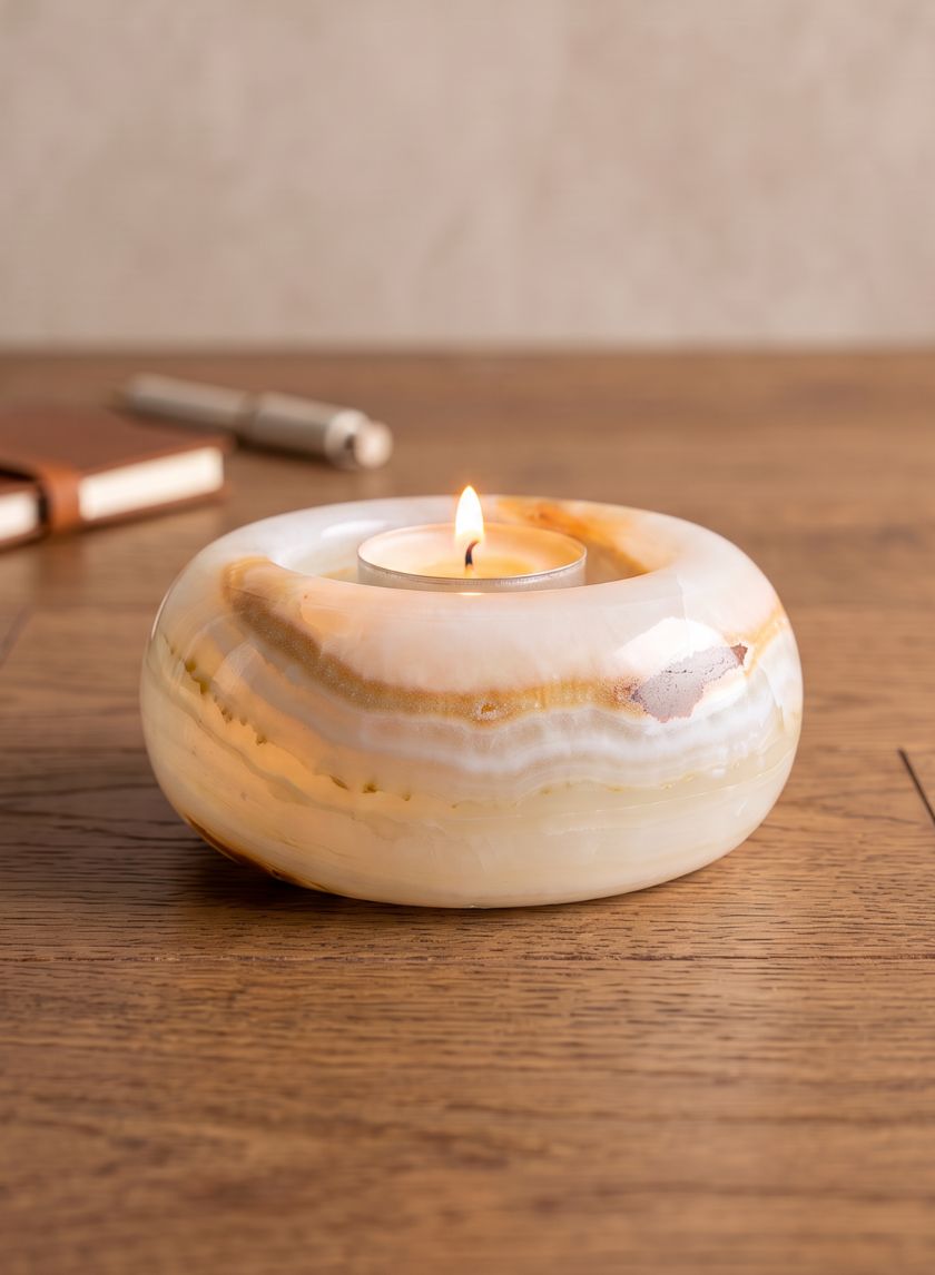 3in Wide Khyber White Onyx Candle Holder Decor Jamali Garden