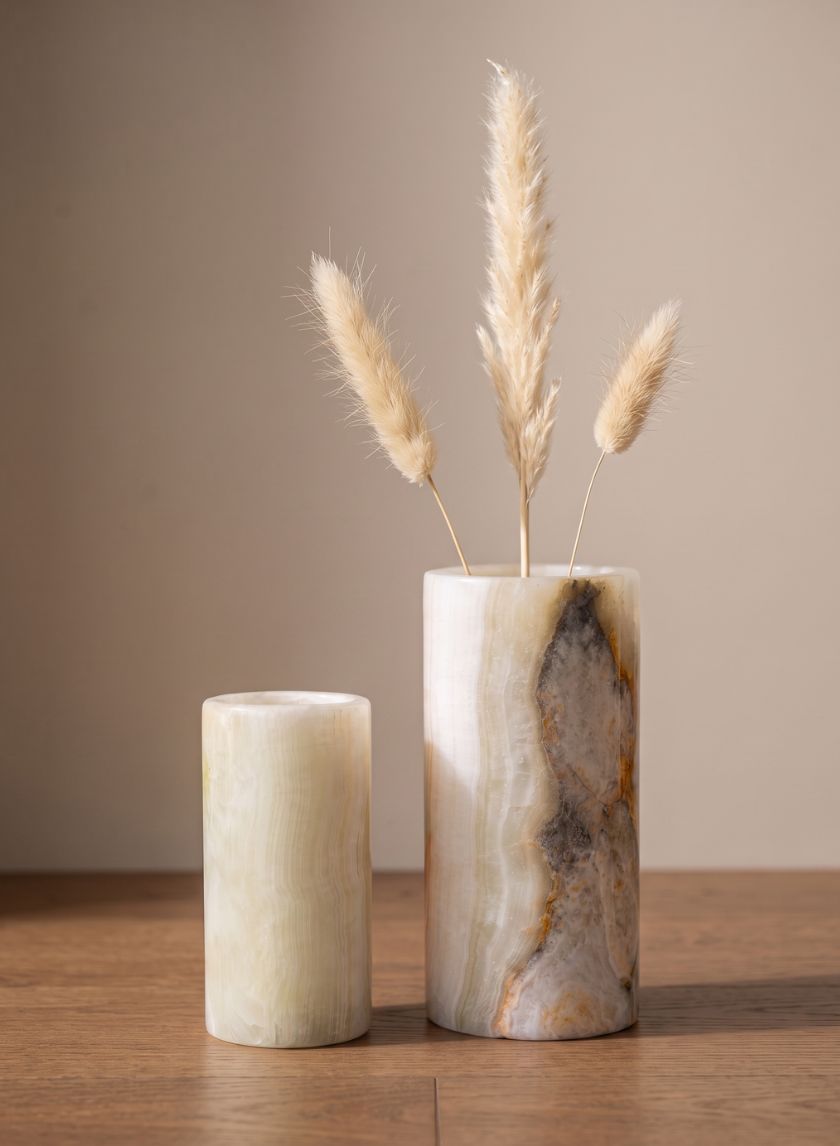5.5in Tall Khyber White Onyx Cylinder Decor Jamali Garden