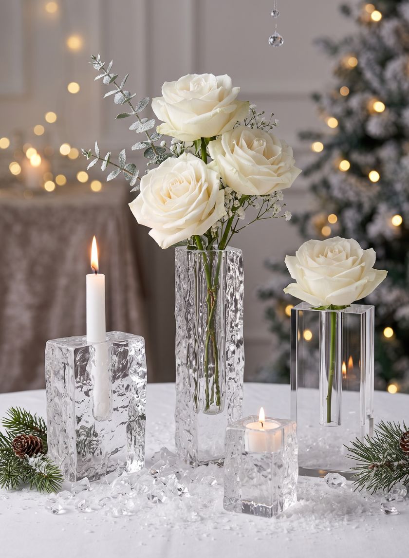 5in Tall Ice Rectangle Block Deco Glass Vase Decor Jamali Garden