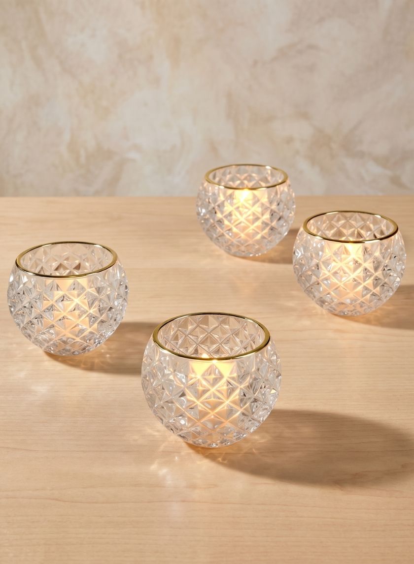 3in Wide Gold Rim Diamond Glass Fishbowl Tea Light Holder, Set of 4
