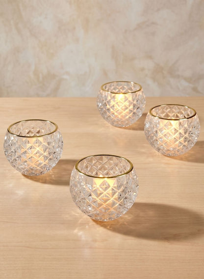 3in Wide Gold Rim Diamond Glass Fishbowl Tea Light Holder, Set of 4