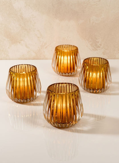3in Tall Amber Onion Optic Glass Candleholder, Set of 4