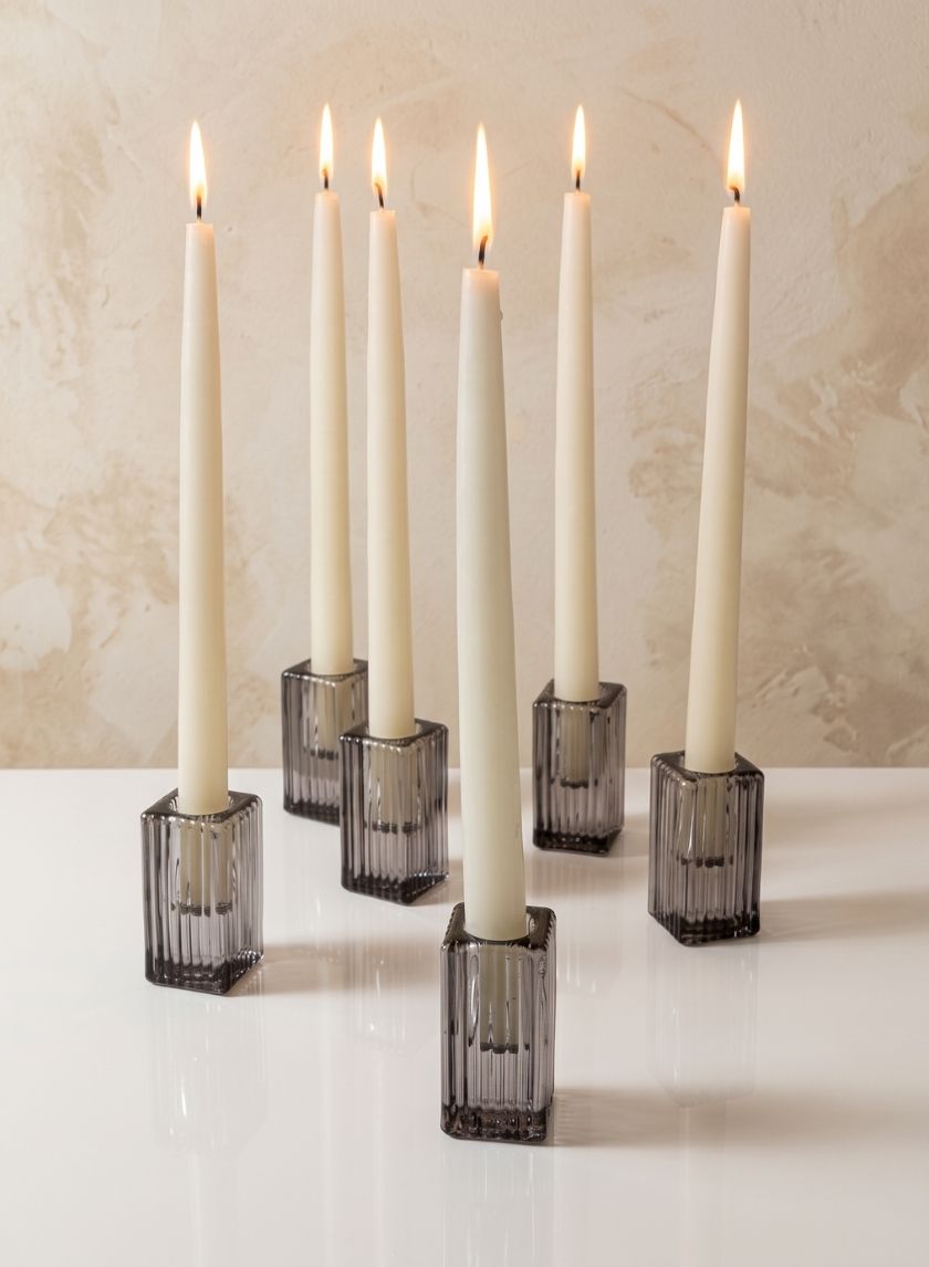 3in Square Smoke Fluted Glass Candlestick, Set of 6 Decor Jamali Garden