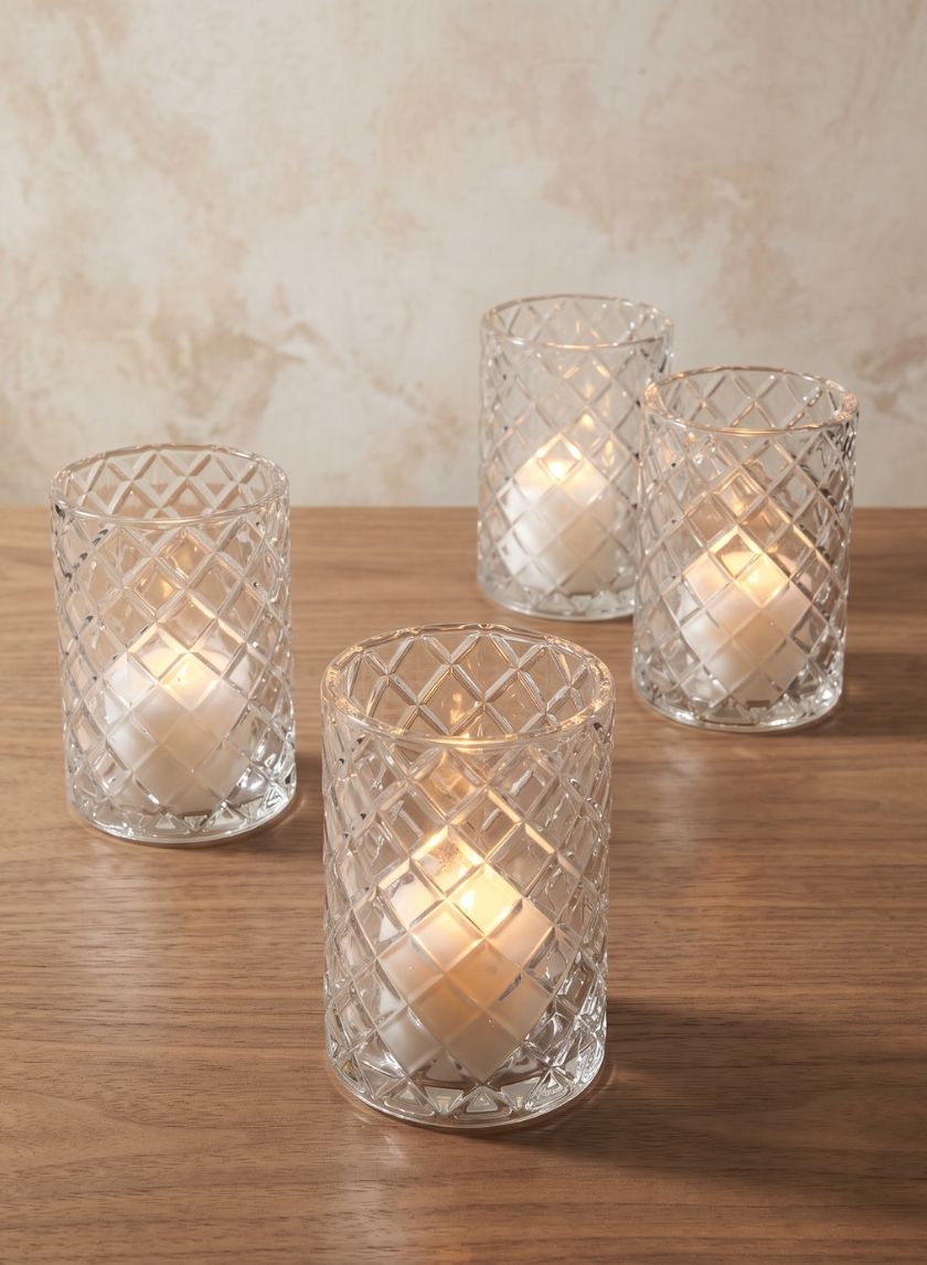 4.75in Tall Etched Glass Votive Holder, Set of 4