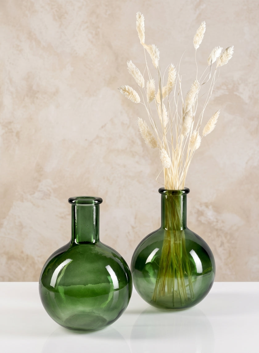 7in Tall Green Deco Glass Vase, Set of 2