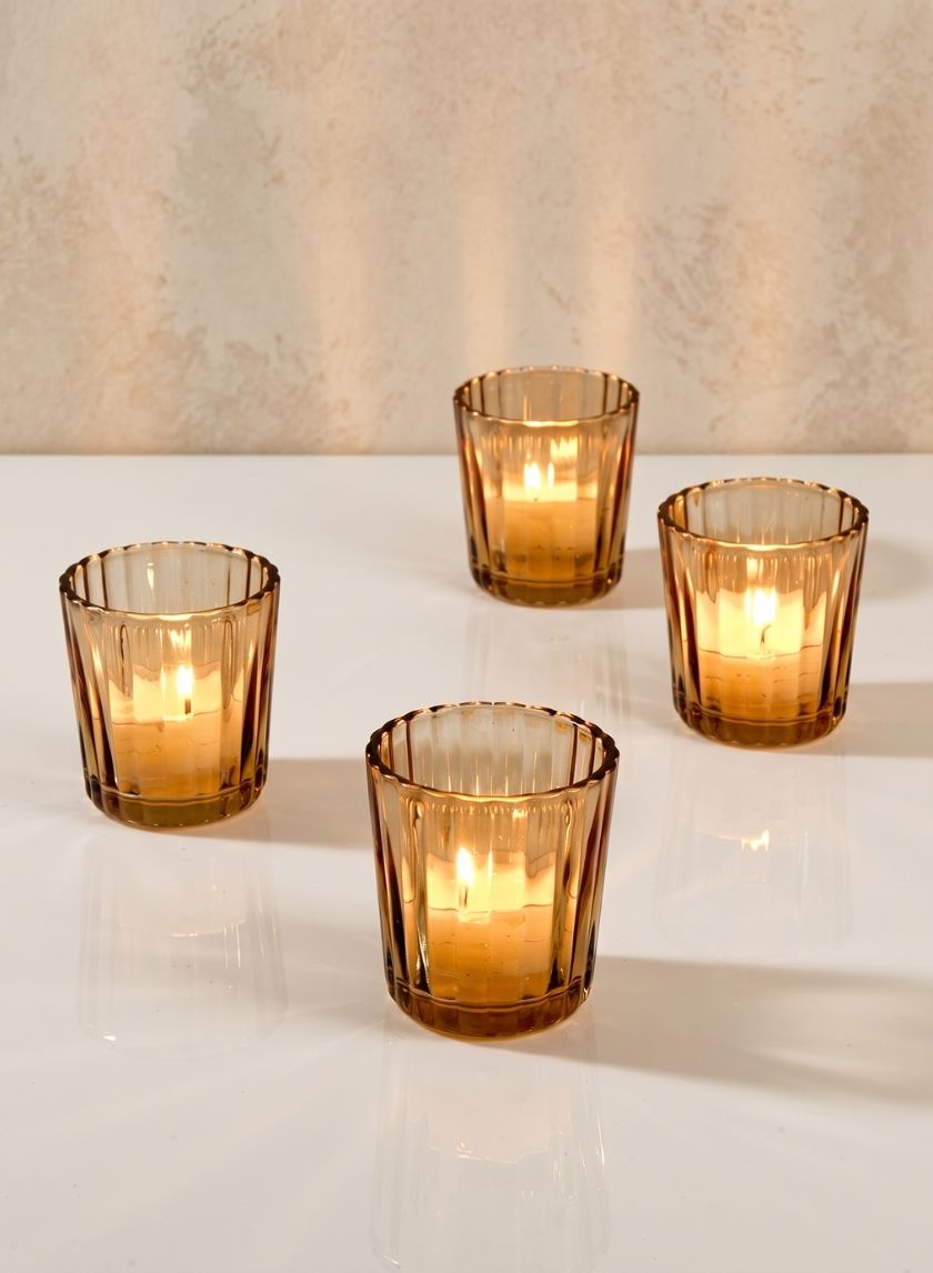 2.5in Tall Light Amber Fluted Glass Votive Holder, Set of 4