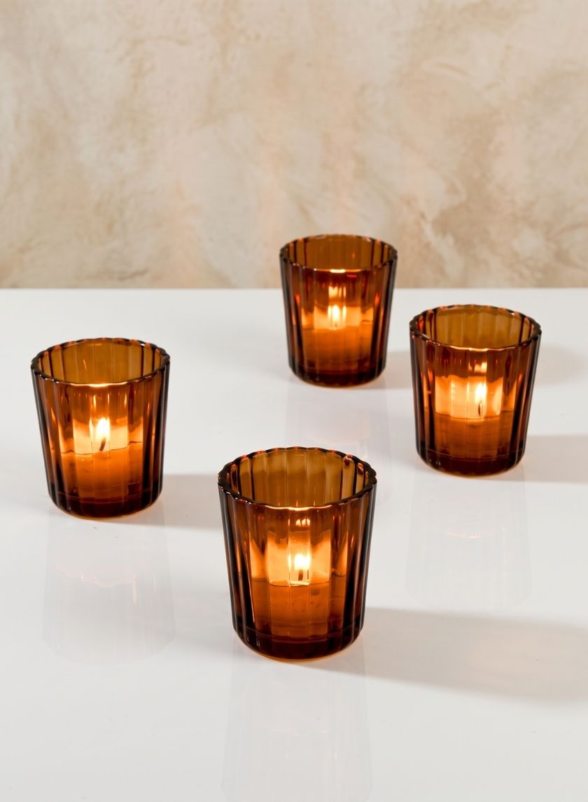 2.5in Tall Dark Amber Fluted Glass Votive Holder, Set of 4