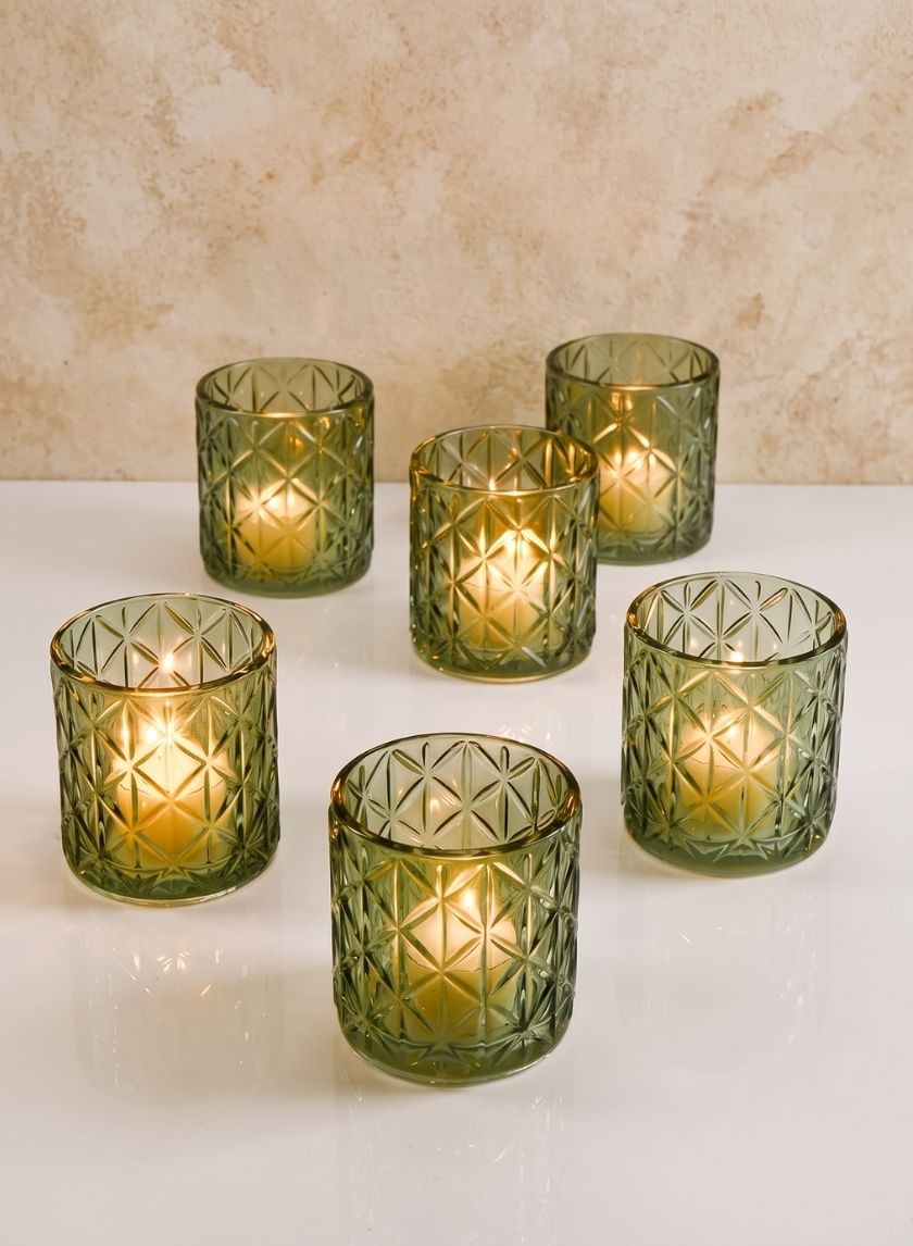 3.25in Tall Mexican Green Glass Tea Light Holder, Set of 6