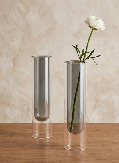 9.5in Tall Smoke Pasteur Dual Tone Tube Glass Vase, Set of 2 Decor Jamali Garden