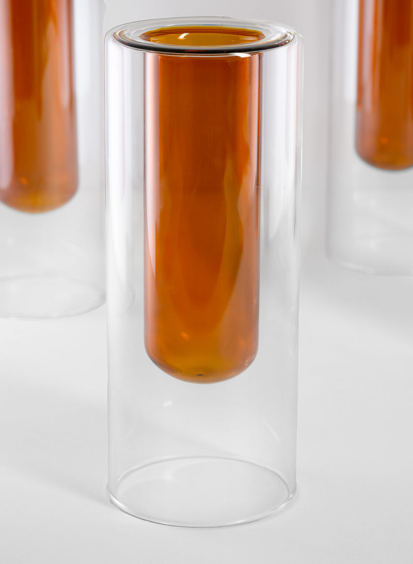 6.25in Tall Amber Pasteur Dual Tone Small Tube Glass Vase, Set of 4