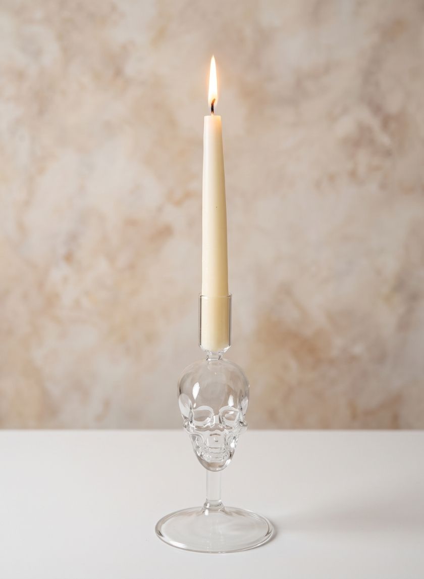 7.5in Tall Skull Glass Candle Stick Decor Jamali Garden