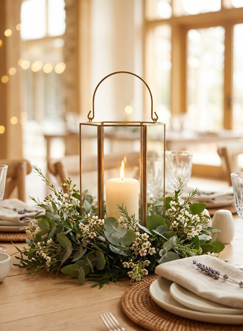 An 8in Tall Gold Hexagon Lantern with a lit white candle rests on a table amid greenery and white flowers, complementing an elegant setting with glasses, plates, napkins, and woven placemats in a softly lit room.