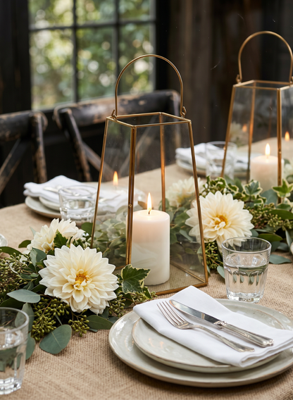 A dining table set with plates, napkins, and cutlery features elegant wedding décor—white flowers, greenery, and a 12in Tall Gold Trapezoid Lantern centerpiece—with glassware and chairs in the background.