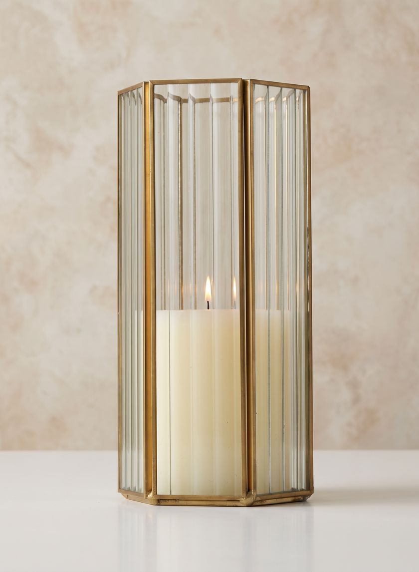8.75in Tall Striped Glass Gold Hexagon Hurricane Decor Jamali Garden