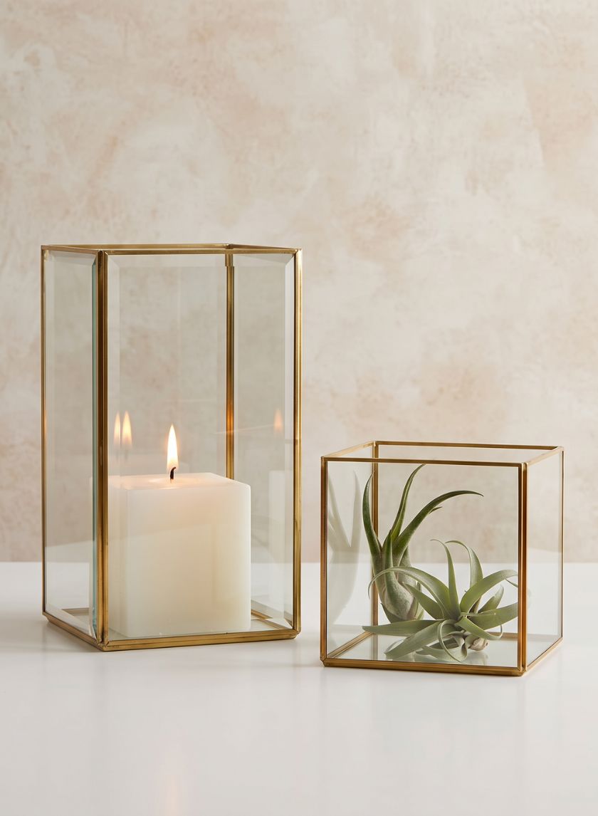 Beveled Glass Gold Square Hurricane