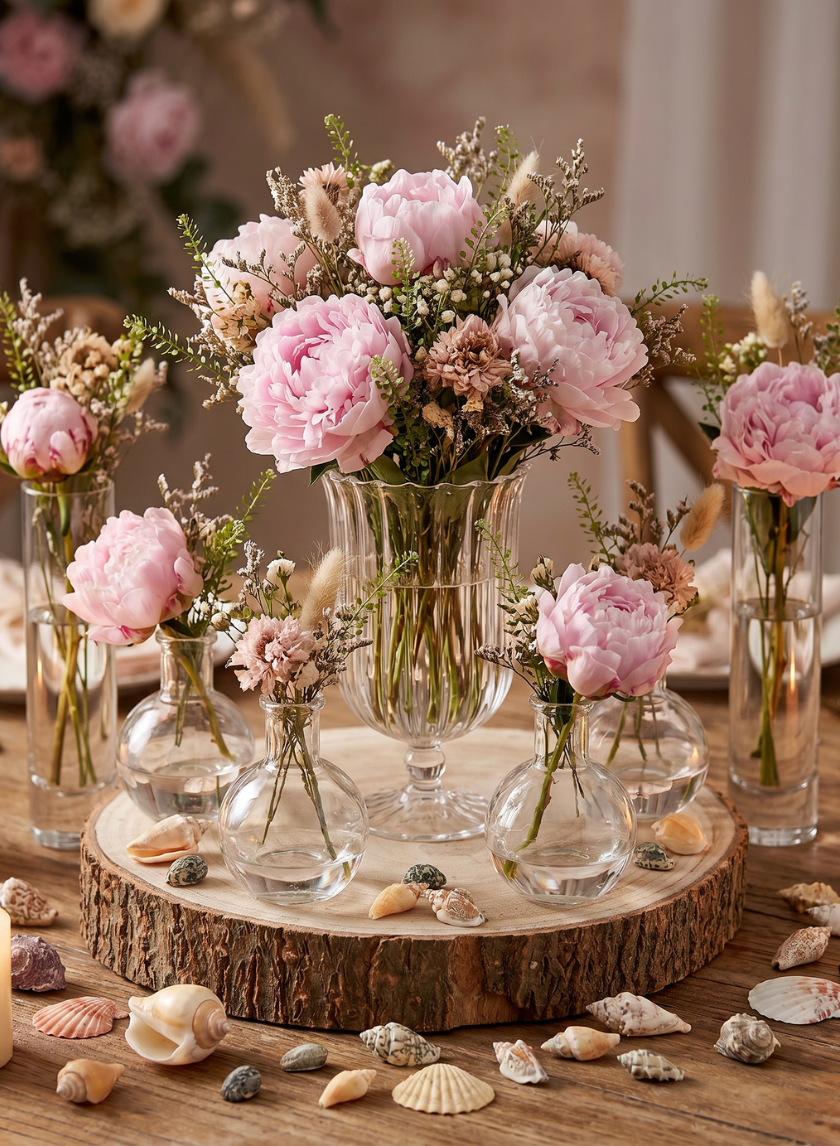 A wooden slab displays five 8in Tall Optical Glass Urn Vases filled with pink peonies and greenery, accented by assorted seashells on a wood table to create an elegant, natural centerpiece.