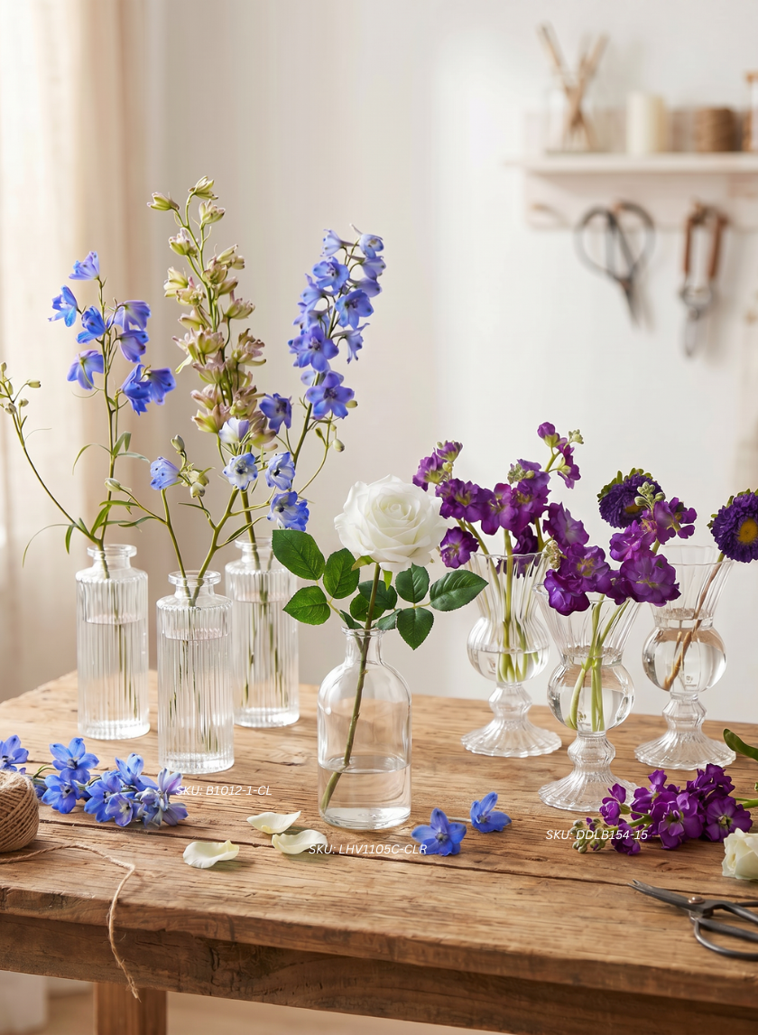 5.25in Tall Clear Pleated Glass Bottle Bud Vase, Set of 4