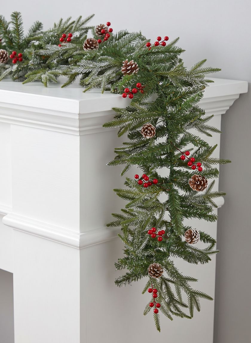 9ft Long Thick Flocked Pine Garland With Pinecones Decor Jamali Garden