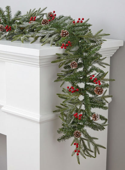 9ft Long Thick Flocked Pine Garland With Pinecones Decor Jamali Garden