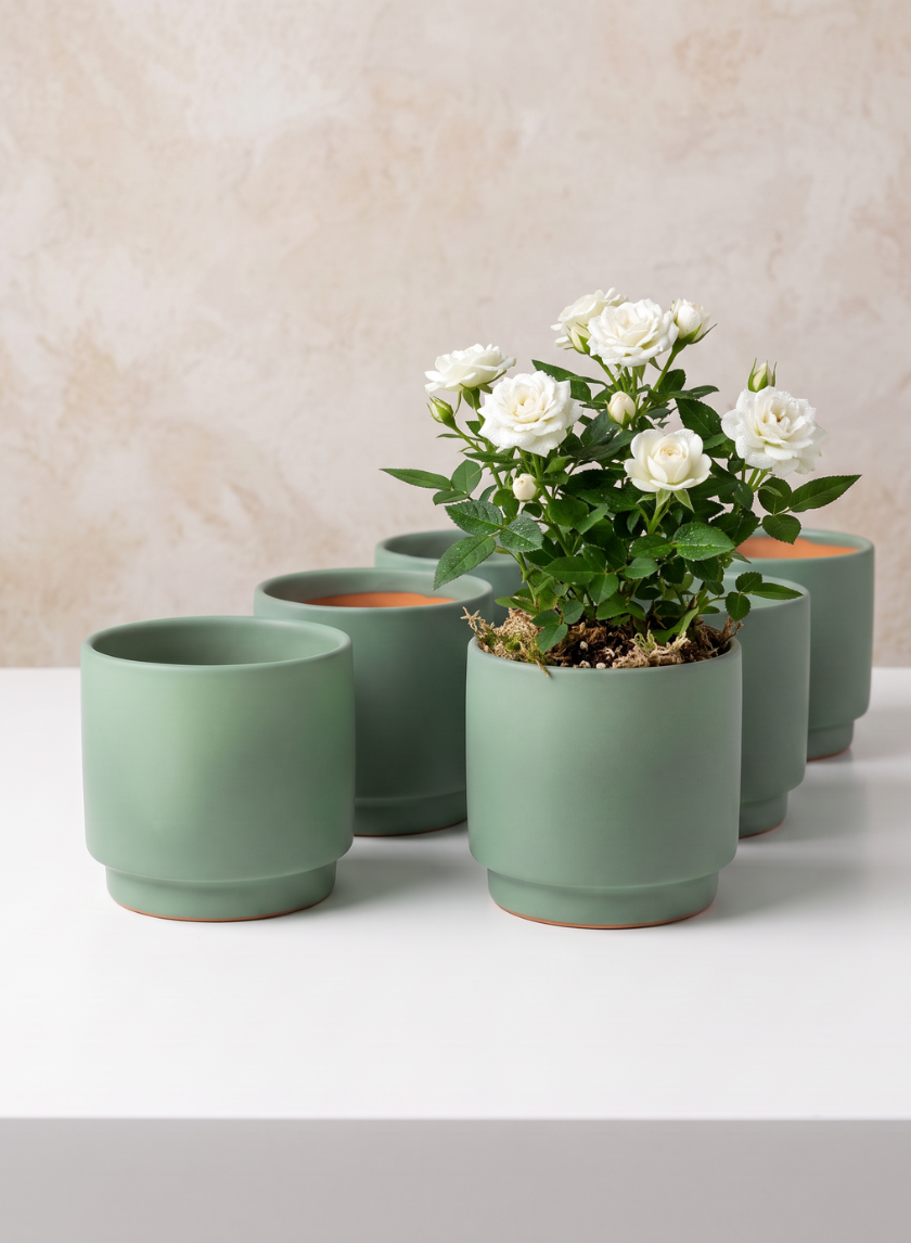 A blooming white rose plant is displayed in one of the 4in Tall Florist Choice Matte Teal Green Cachepots from a set of six, with four empty matching green pots arranged nearby on a white surface against a beige background.