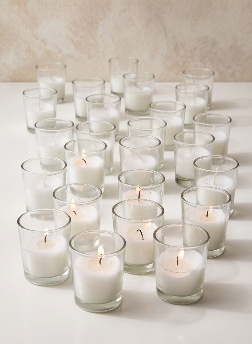 10-Hour 2in Tall White Votive In Clear Glass, Set of 25