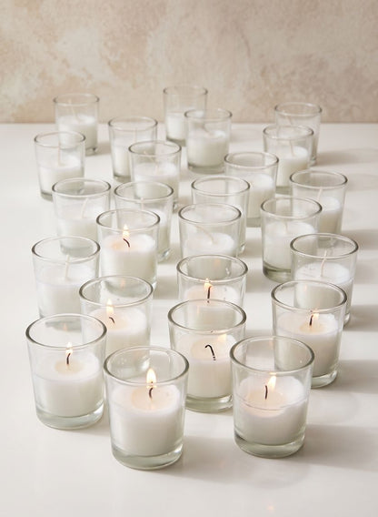 10-Hour 2in Tall White Votive In Clear Glass, Set of 25