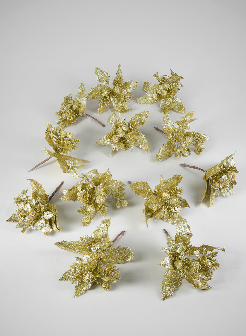 7in Long Gold Glitter Flower Pick, Bundle of 12 Decor Jamali Garden