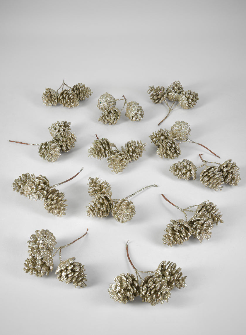 5.5in Long Champagne Glitter Pine Cone Pick, Set of 12 Decor Jamali Garden