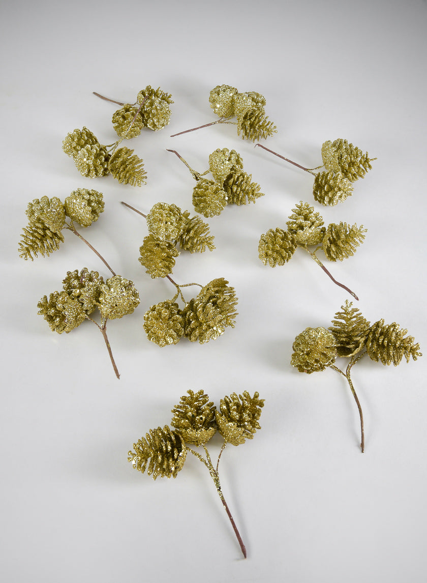 6in Long Gold Glitter Pine Cone Pick, Set of 12 Decor Jamali Garden