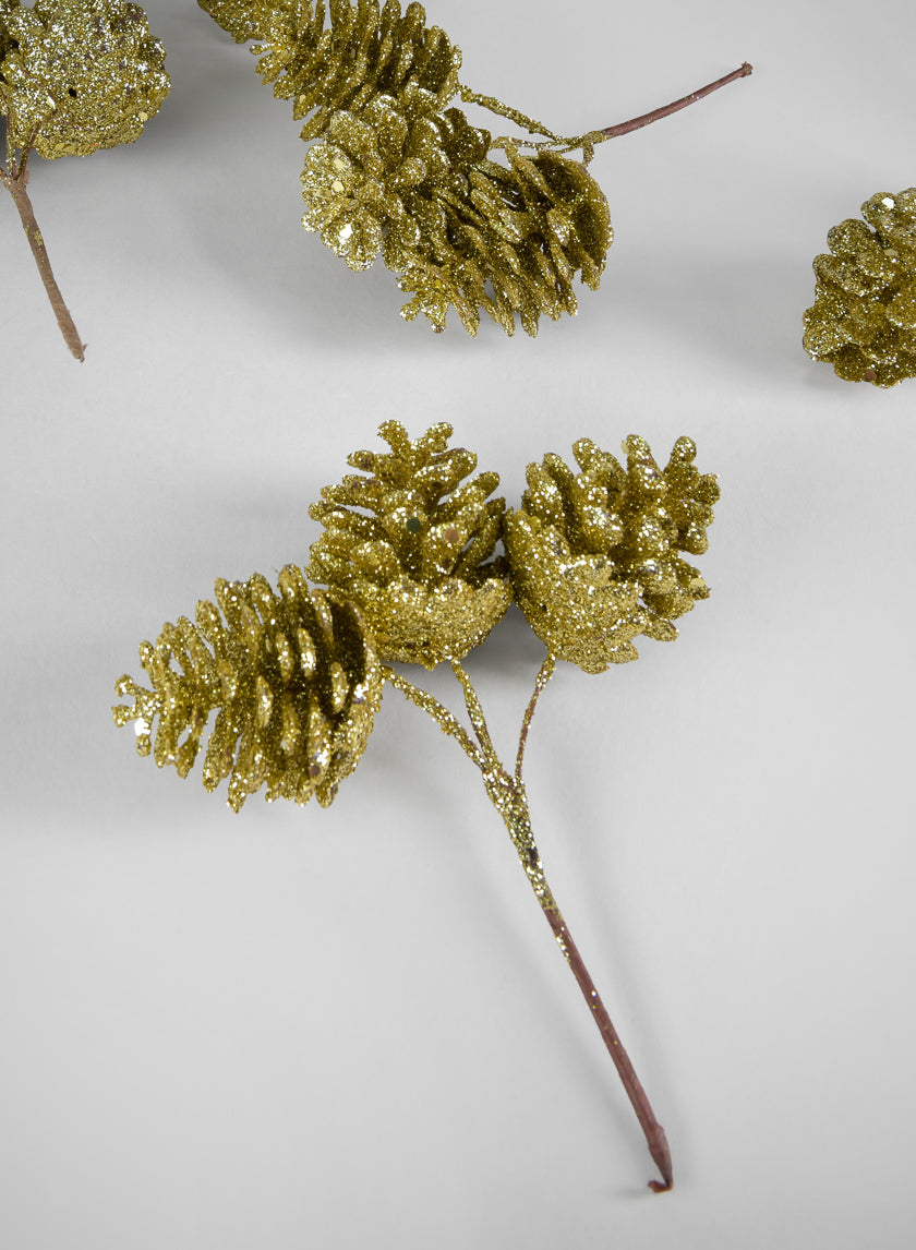 6in Long Gold Glitter Pine Cone Pick, Set of 12 Decor Jamali Garden