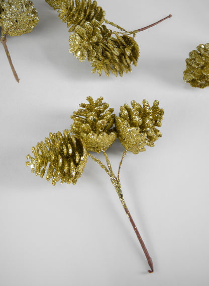 6in Long Gold Glitter Pine Cone Pick, Set of 12 Decor Jamali Garden