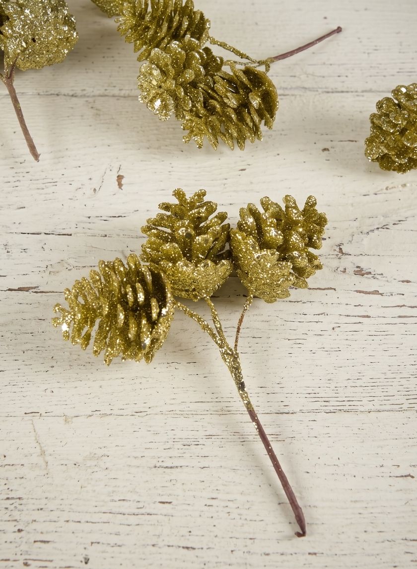 6in Long Gold Glitter Pine Cone Pick, Set of 12 Decor Jamali Garden